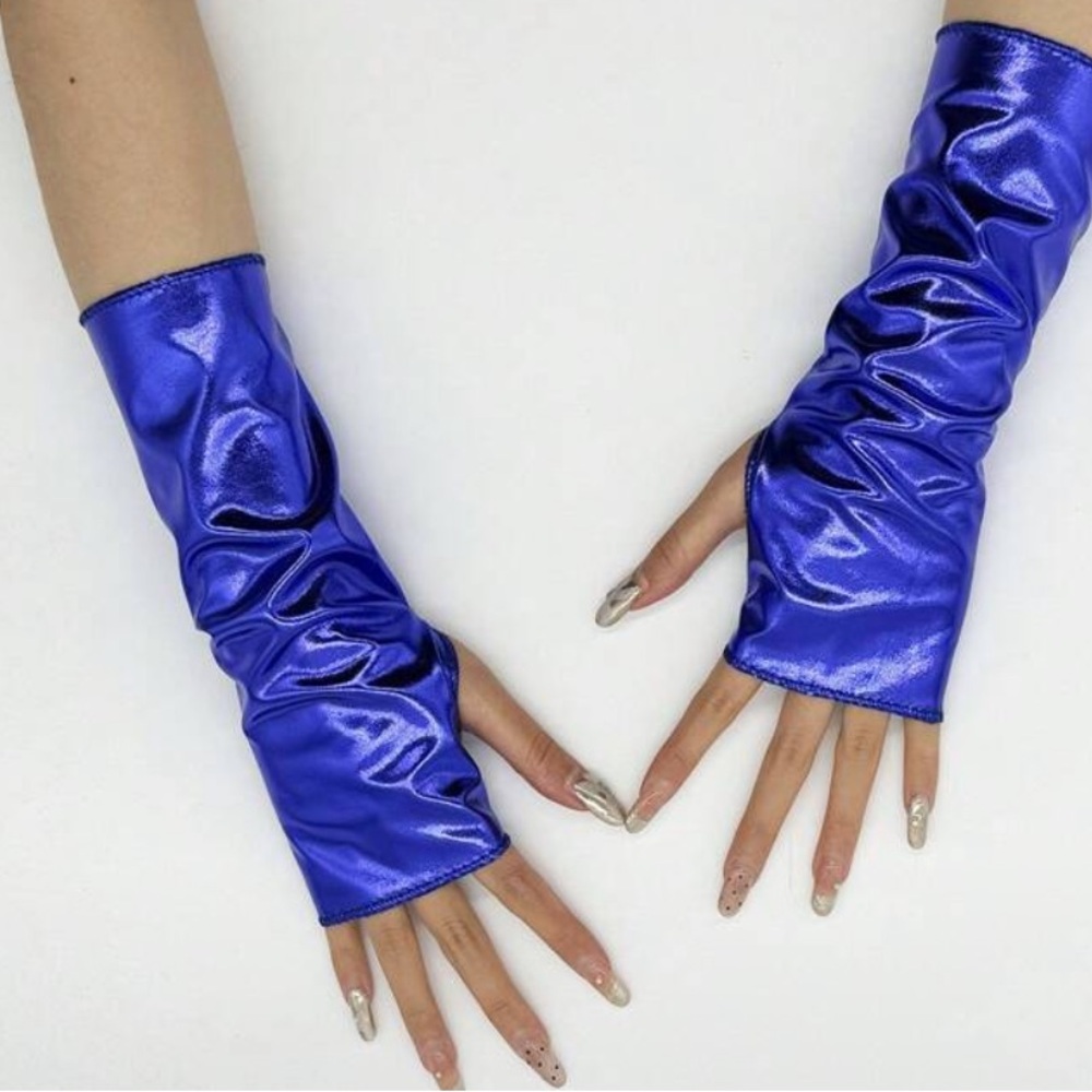 Shiny Faux Leather Electric Blue Fingerless Arm Warmers